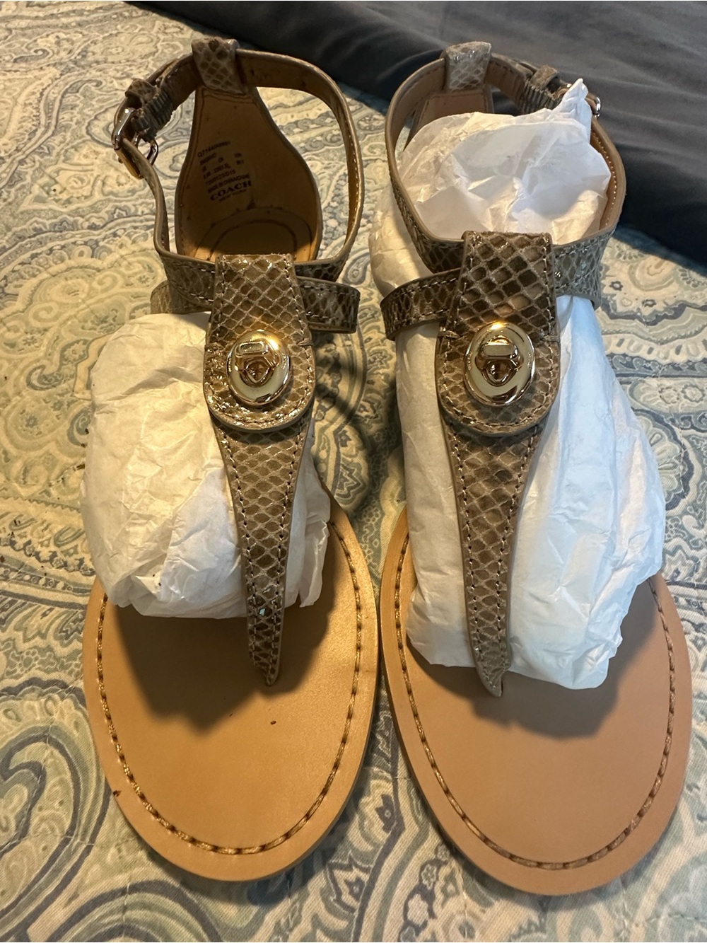 Coach Taupe Snake-Embossed T-Strap Sandals with Gold Turnlock